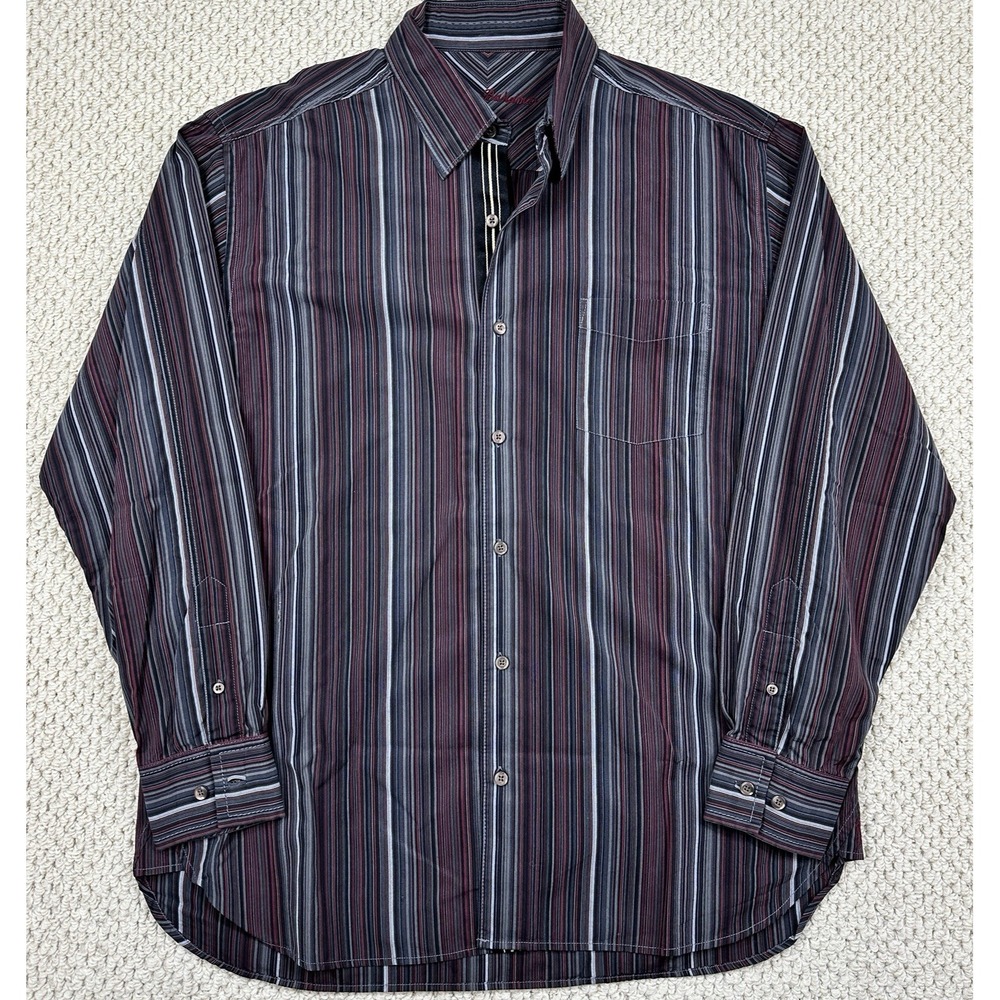 Tommy Bahama Shirt Mens L Black/Red Striped Island Casual Long Sleeve Button Up